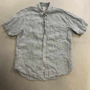 Brooks Brothers Linen Button Down Shirt Men's Large Blue Pinstriped Short Sleeve